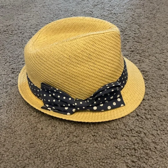 Amazing Polkadot Navy Bow Ribbon Straw Fedora Hat Beach Vacation Summer Like New - Picture 3 of 6